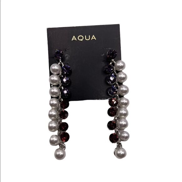 AQUA Silver-Tone Linear Imitation Pearls & Purple Rhinestone Dangle Earrings NWT - Picture 1 of 2
